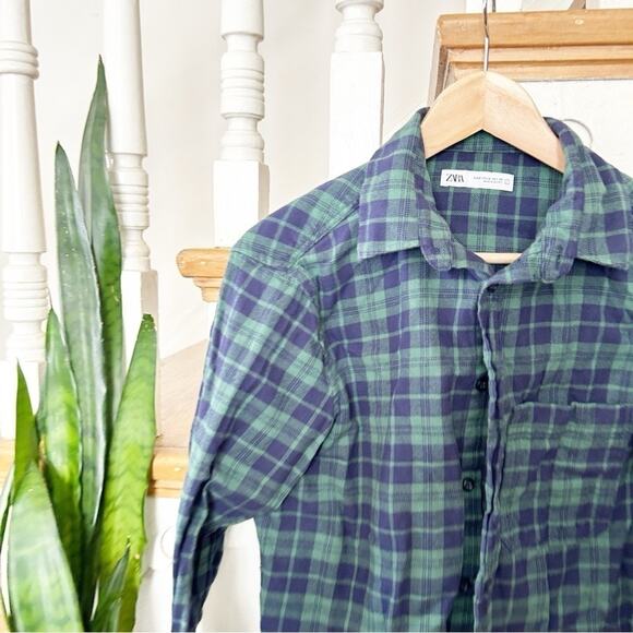 Zara Green Blue Plaid Cotton Button-Down Long Sleeves Collared Shirt Size M - Picture 2 of 6